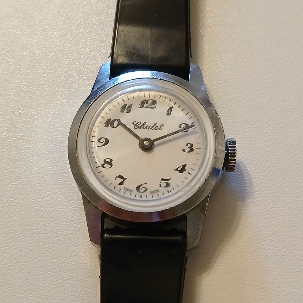 Parts/Repair VTG 1970s Chalet Swiss Made Women Watch Black Strap Base Metal 25mm